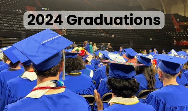 Photo of students at a graduation. Text reads 2024 Graduations.